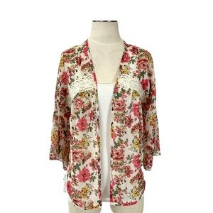 LA Hearts- Pink Multi Rose Print Sheer Open Kimono